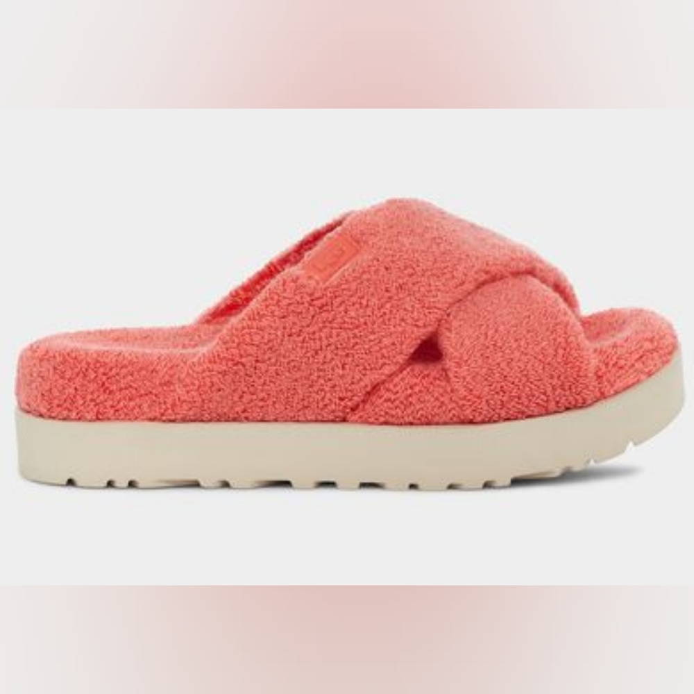 Ugg Fuzz Sugar Terry Cross Slide Sandals Peach Bliss - Picture 2 of 7